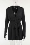 Fall Casual Black Long Sleeve Plunge Neck Mini Dress