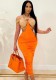 Autumn Party Sexy Contrast Color Cut Out O-Ring Halter Ruched Midi Dress