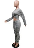 Autumn Elegant Cut Out Ruched Midi Bodycon Dress Grey