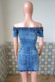 Summer Off Shoulder Zip Up Denim Jean Mini Dress