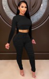 Autumn Party Sexy Tight Crop Top and Pants Set Black