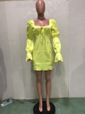 Sonbahar Yeşil Vintage Puf Kol Kare Mini Elbise