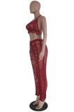 Autumn Sexy Red Knit Hollow Out Tassel Bra and Pants Set