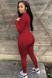 Autumn Red Sexy Zip Up Bodycon Jumpsuit