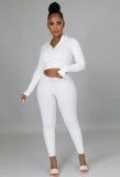 Autumn White Ribbed Tight Crop Top and Pants Set