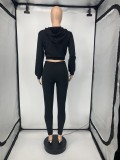 Autumn Black Hoodies with zipper long sleeve Crop Top and Pant Set