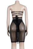 Summer Black Sexy Beaded Halter Midi Bodycon Dress