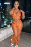 Autumn Sexy Orange Knit Hollow Out Tassel Bra and Pants Set