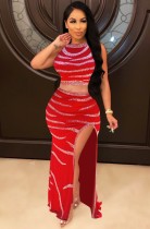 Conjunto de falda larga con abertura y top corto sexy con cuentas rojas de verano