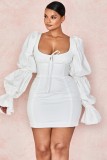 Herfst witte vintage pofmouw vierkante mini-jurk