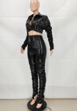 Winter Black Leather Ruched Crop Top and Pants Set