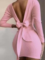 Autumn Pink V-Back Tied Knit Mini Dress