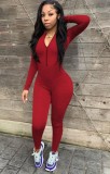 Autumn Red Sexy Zip Up Bodycon Jumpsuit