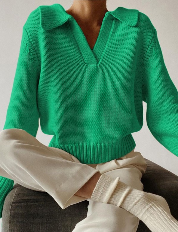Winter Turndown Collar V-Neck Sweater Top Green
