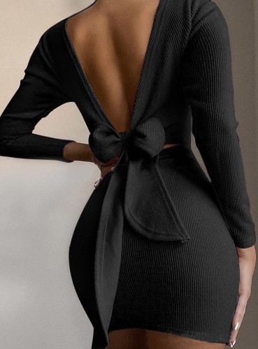 Autumn Black V-Back Tied Knit Mini Dress