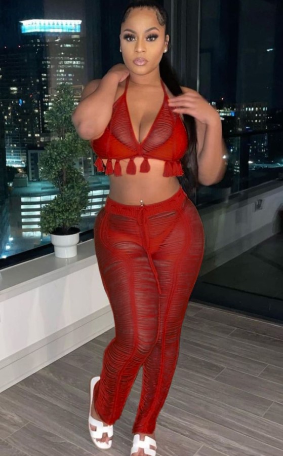Autumn Sexy Red Knit Hollow Out Tassel Bra and Pants Set