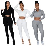 Autumn White Ribbed Tight Crop Top and Pants Set