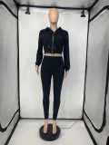 Autumn Black Hoodies with zipper long sleeve Crop Top and Pant Set