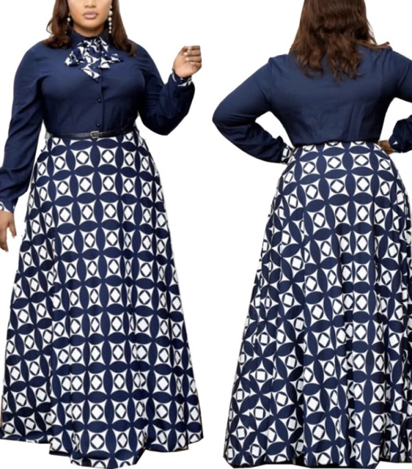 Autumn Mature Women Print Long Maxi Dress with Belt