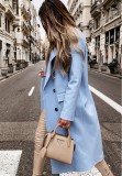 Winter Elegant Blue Turndown Collar Long Blazer with Full Sleeves