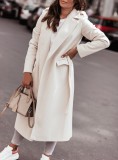 Winter Elegant White Turndown Collar Long Woolen Coat with Belt
