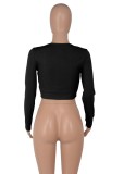Autumn Party Cut Out Sexy Long Sleeve Crop Top Black