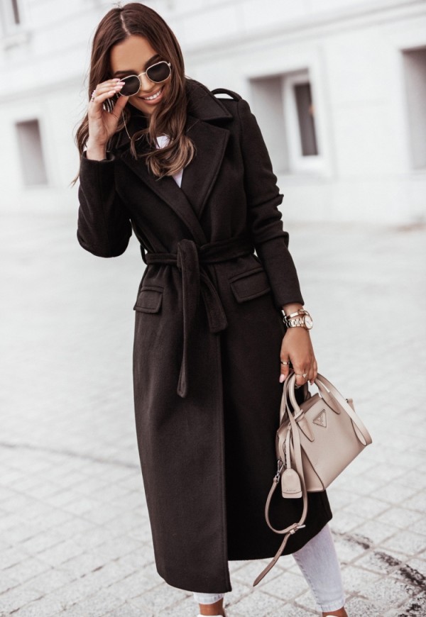 Winter Elegant Black Turndown Collar Long Woolen Coat with Belt