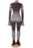 Autumn Party Sexy Leopard Print Cut Out Bodycon Jumpsuit