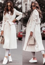 Winter Elegant White Turndown Collar Long Woolen Coat with Belt