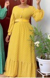 Autumn Elegant Polka Dot Yellow Long Maxi Dress with Belt
