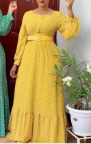 Otoño elegante vestido largo amarillo de lunares con cinturón