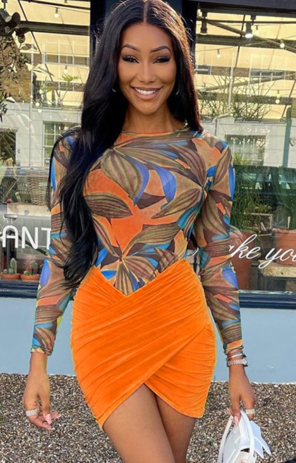 Autumn Print Orange Bodysuit and Matching Wrap Skirt Set