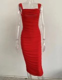 Autumn Red Elegant Strapless Ruched Midi Dress