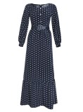 Autumn Elegant Polka Dot Black Long Maxi Dress with Belt