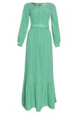 Autumn Elegant Polka Dot Green Long Maxi Dress with Belt