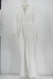 Autumn Formal White Lace Upper Elegant Party Jumpsuit with Belt