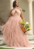 Summer Formal Pink Mesh Halter Long Evening Dress