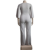 Autumn Plus Size Grey Slit Long Sleeve Top and Pant Set