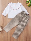 Kids Girl Autumn White Ruffle Shirt and Plaid Print Pants Set