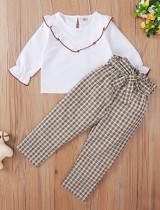 Kinder Mädchen Herbst weißes Rüschenhemd und kariertes Hosen-Set