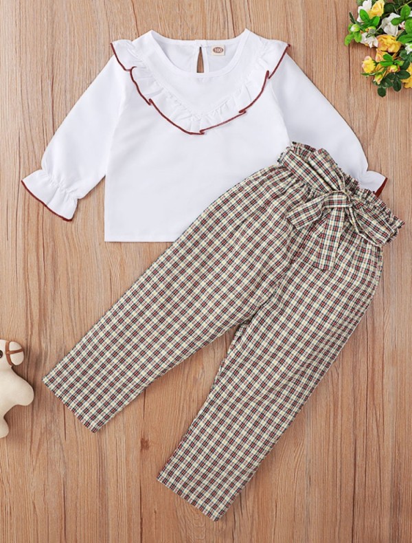 Kids Girl Autumn White Ruffle Shirt and Plaid Print Pants Set