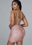 Summer Formal Pink Sequin Strap Wrap Mini Club Dress
