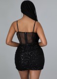 Summer Formal Black Sequin Strap Wrap Mini Club Dress