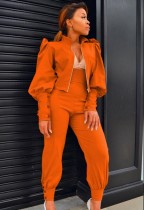 Conjunto de chaqueta de manga abullonada naranja liso de otoño y pantalones de cintura alta