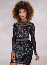 Mini vestido de club de malla sexy con cuentas de otoño negro