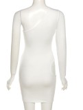 Autumn White Sexy Hollow Out One Shoulder Bodycon Dress with Single Sleeve