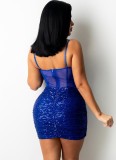 Summer Formal Blue Sequin Strap Wrap Mini Club Dress