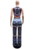 Summer Print Hollow Out Sleeveless Bodysuit and Slit Pants Set