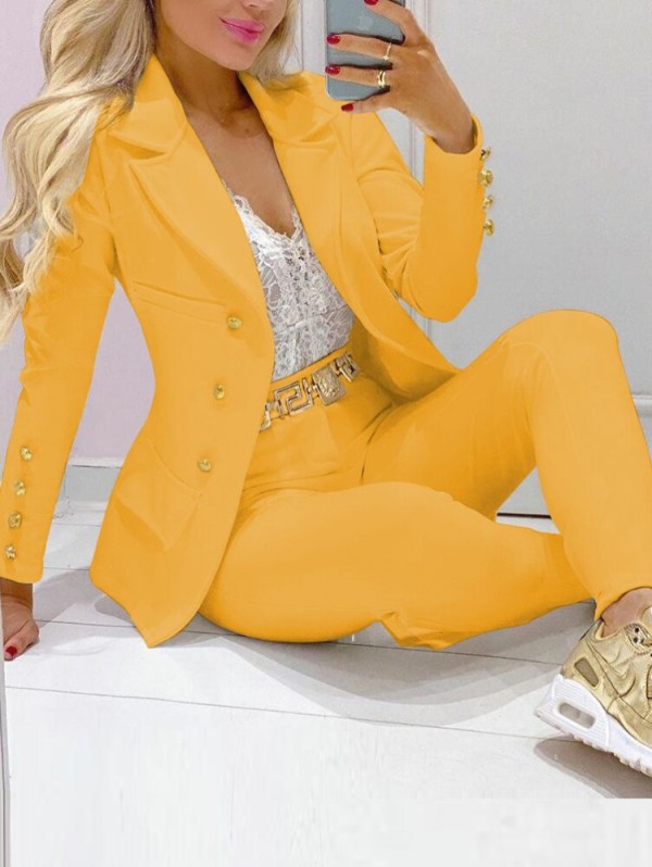 Autumn Yellow Turndown Collar Professional Blazer and Pants Suit