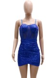 Summer Formal Blue Sequin Strap Wrap Mini Club Dress